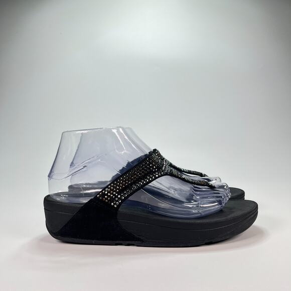 FitFlop Incastone Toe Thong Black Comfort Sandals Slip On L93-001 Women's Size 7 - Picture 1 of 10